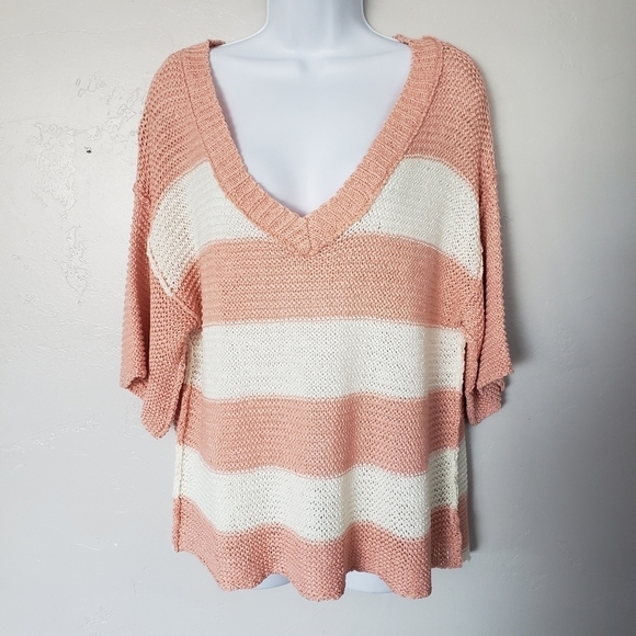 Twenty Ten Large Peach Orange & White Striped Sweater Knit Quarter Sleeve Blouse - Picture 1 of 7